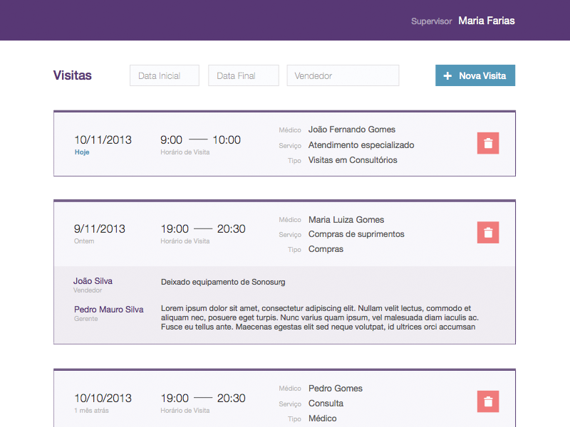 Example of Appointment management interface