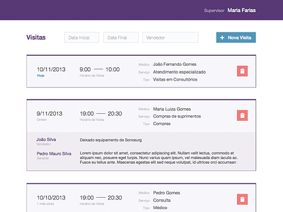 Appointment management interface appointment cards interface list table time visit web