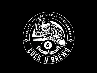 Cues n Brews badge billiards cue eight greaser pool shark skeleton skull vintage