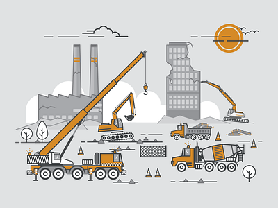 Demolition Illustration concrete construction crane demolition environment excavator nature recycling truck