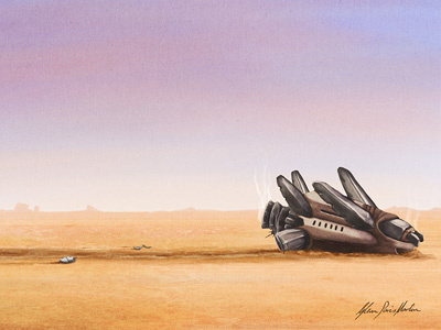 Spaceship crash desert illustration landscape spaceship