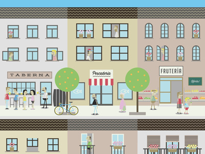 Neighborhood life poster buildings city community flat illustration neighborhood poster vector