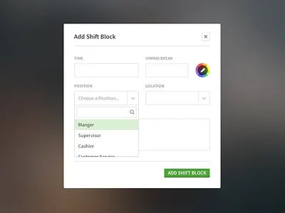 When I Work Shift Block Dialog app design dialog flat form ui web