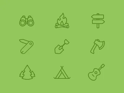 Camp Icons binoculars campfire forest glyphs guitar hatchet knife pocket route shovel tab tent