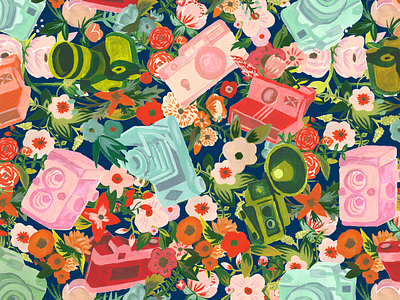 camera flora cameras flora flowers gouache illustration paint pattern photography wallpaper