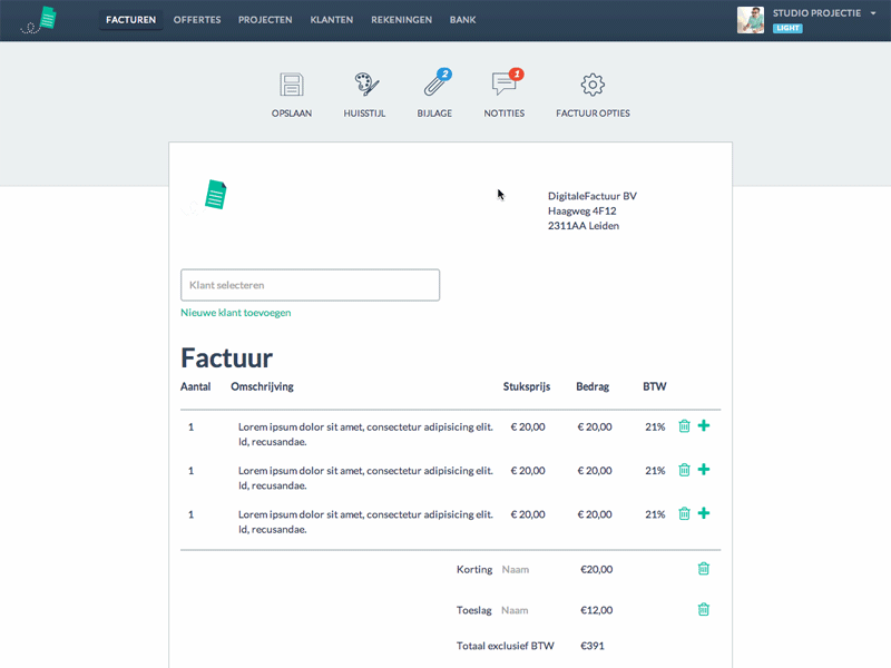 DigitaleFactuur invoice edit backend gif interaction invoice ui ux website