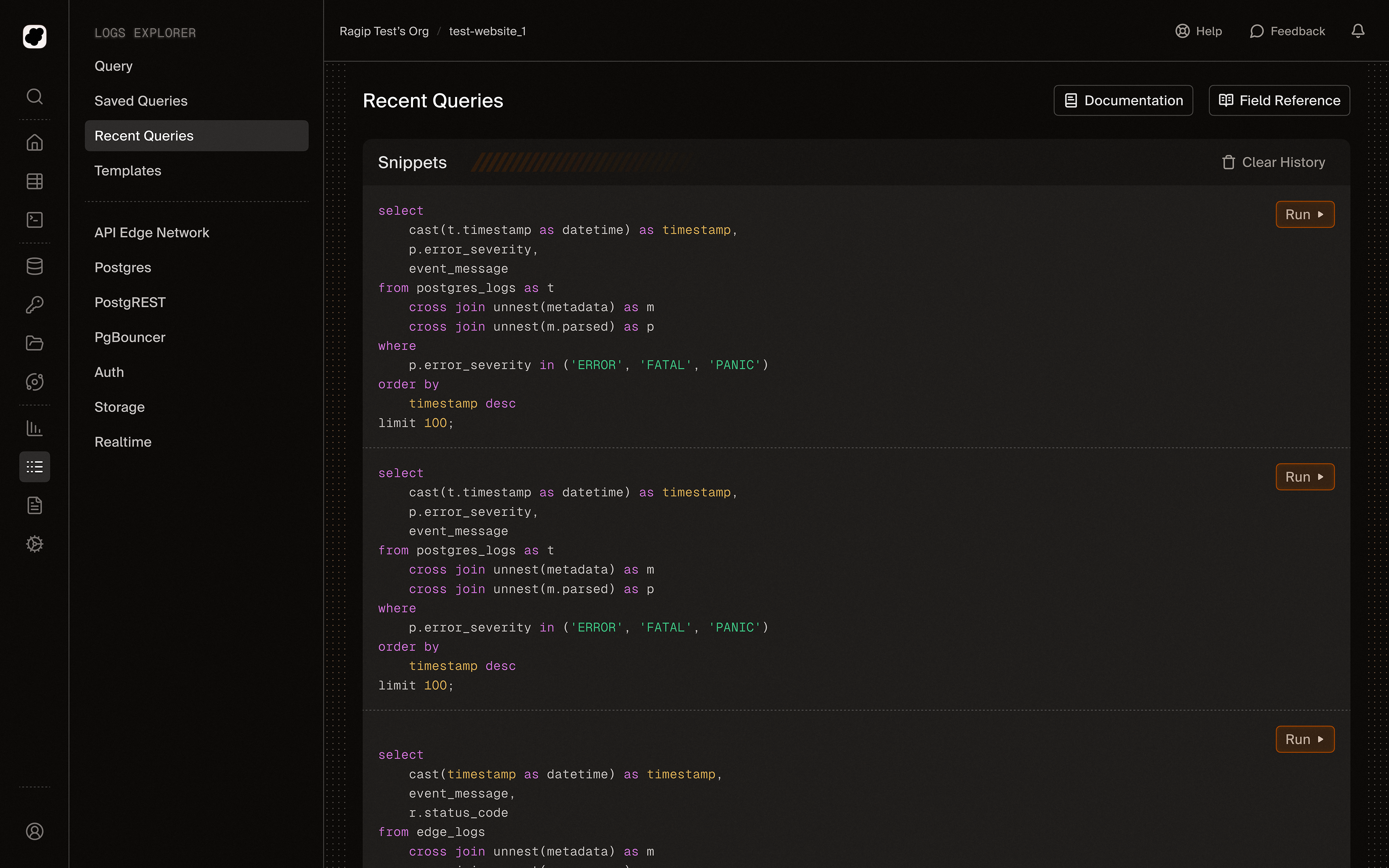 recent queries 🎨 backend code block code snippet dark dark mode dark theme database firebase log logs sql supabase