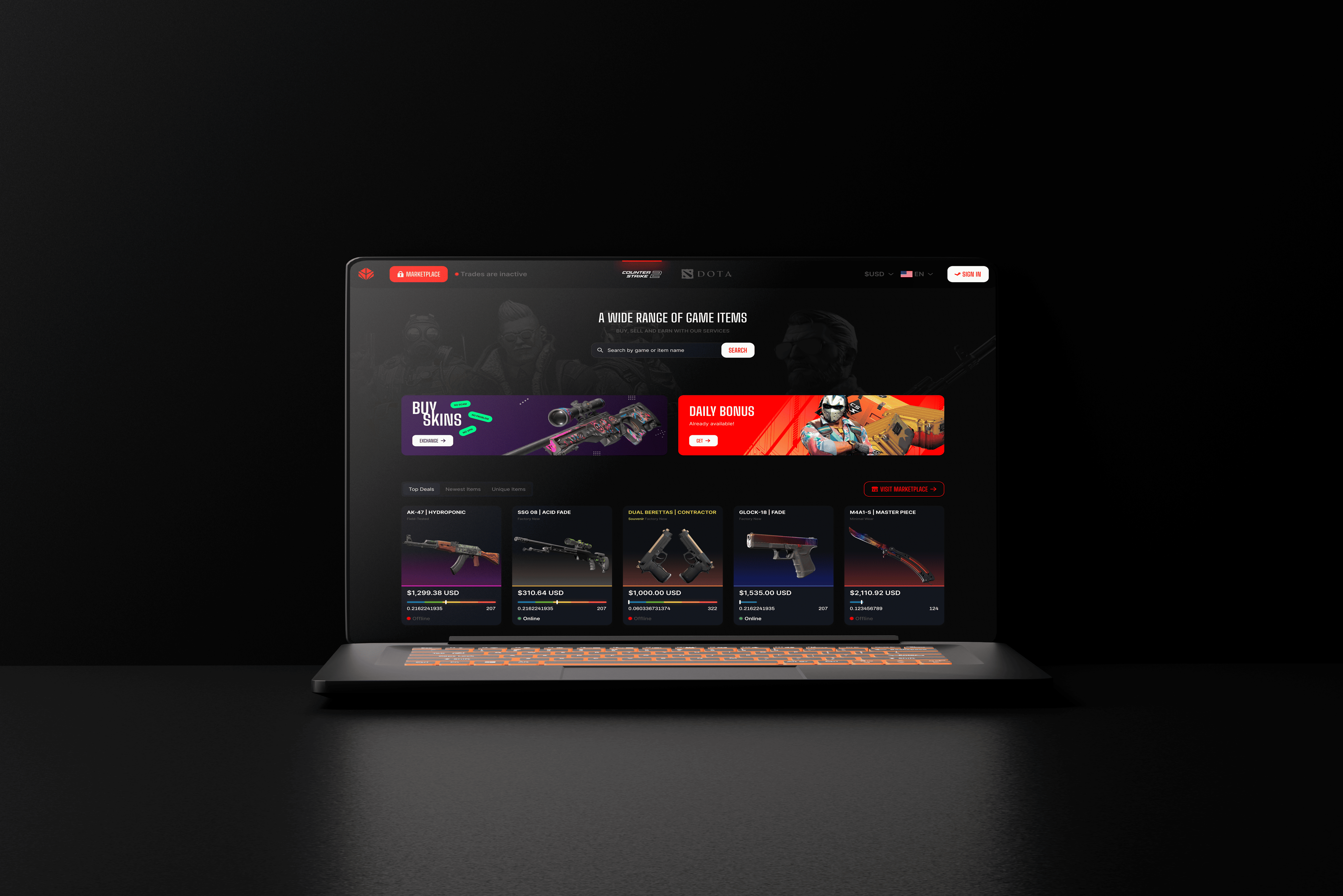 CS2 Trading Website betting cs2 csgo esport esports game gaming home page items landing market marketplace skin skins store ui