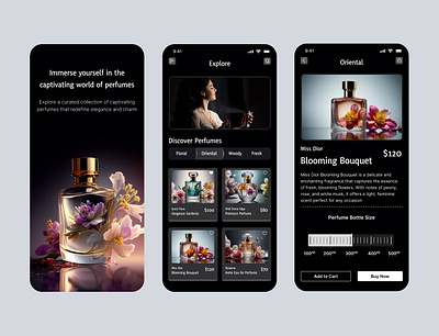 Perfume Bliss: Captivating Mobile App UI Design branding figma fragrance mobile app perfume scent ui ui design user experience user interface uxui