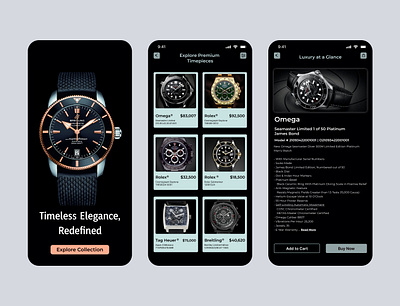 Timeless Elegance: Luxury Watch Store App Design breitling casio luxury watch mobile app omega rado rolex swiss tag heure ui design uiux user experience uxui watch