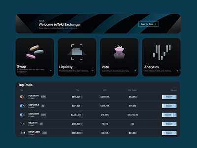 Toki Exchange UX/UI Dashboard analytics dashboard blockchain ux clean aesthetic crypto dashboard crypto exchange crypto governance dark mode ui defi dashboard financial technology interactive ui liquidity pools minimalist ui modern finance ui nft marketplace ux responsive design token swapping trading interface ux strategy uxui web3 design