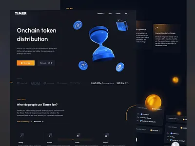 Timer: Token Distribution Platform blockchain crypto crypto trading cryptocurrency cryptocurrency exchange design finance tools illustration landing page nfts on chain transactions secure token token distribution ui design ux design uxui web ui web ux website design