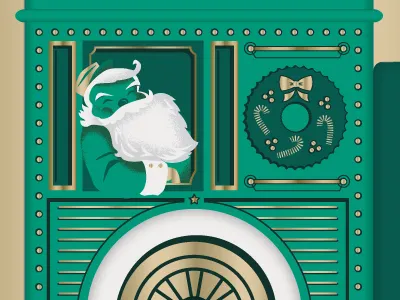 Santa the Train Conductor green holiday illustration lots of green trains