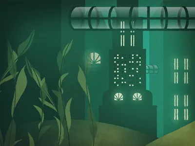 Beyond the Sea WIP.1 aquatic art deco bioshock buildings city illustration landscape sand sea seaweed underwater windows