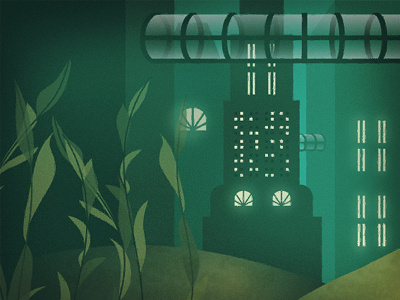 Beyond the Sea WIP.1 aquatic art deco bioshock buildings city illustration landscape sand sea seaweed underwater windows