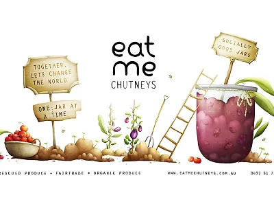 Eat me chutneys banner chutneys fairtrade illustration nature organic vedgetables