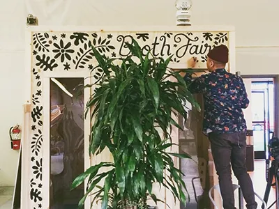 Booth Fairy black and white booth fairy hand drawn illustrations ink lettering marker mural paint plants script