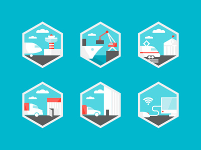 Delivery icons airplane airport boat car computer port railway station train truck