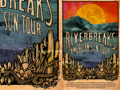 American Sun tour poster cactus illustration mountains snakes sun technicolor the riverbreaks