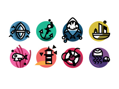 Just Keep Swimming aiga anchor boat fish icons jellyfish life preserver lighthouse shark