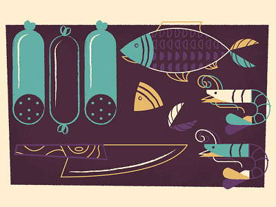 Good Ole' New Orleans crawfish fish food illustration knife louisiana sausage shrimp