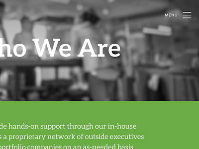 Who We Are aleo green hamburger header menu type typography