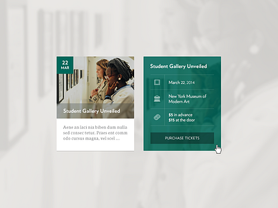 Event Card art exhibit art gallery blur clean event events section flat hover module tickets widget