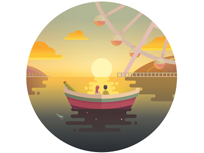 Sunset in the boat boat illustration lake sunset