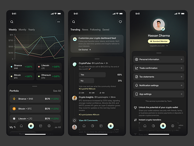 Crypto Mobile App UI/UX - Market and Profile 📱 blockchain btc coin community crypto cryptocurrency dark mode design eth exchange feed ios market mobile product design profile social ui uiux ux