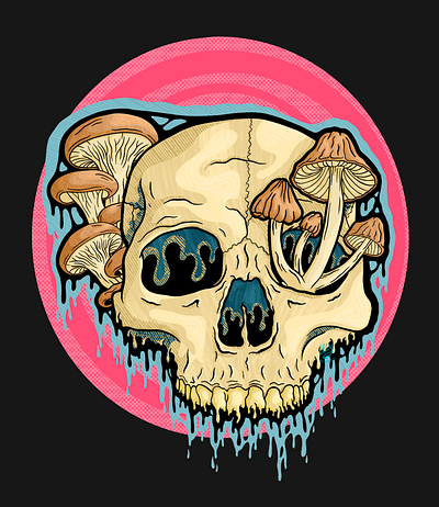 Drippy Mushroom Skull III anatomy design drawing drip drippy gothic halloween human illustration illustrator mushroom natural procreate scary skeleton sketch skull spooky spooky season vibrant