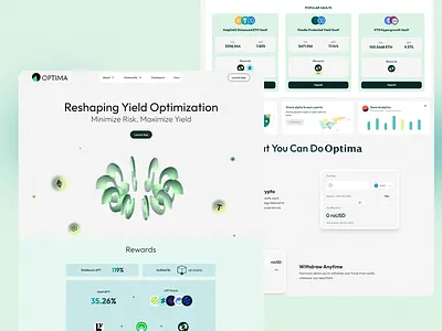 Minimalistic landing page for Optima crypto crypto app design crypto landing pade design crypto yield decentralized finance digital finance eth vaults fintech app interface futuristic finance futuristic fintech green crypto web design high yield crypto landing page next gen finance optima ui ui ux ux volt api yield optimization