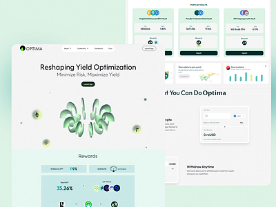 Minimalistic landing page for Optima crypto crypto app design crypto landing pade design crypto yield decentralized finance digital finance eth vaults fintech app interface futuristic finance futuristic fintech green crypto web design high yield crypto landing page next gen finance optima ui ui ux ux volt api yield optimization