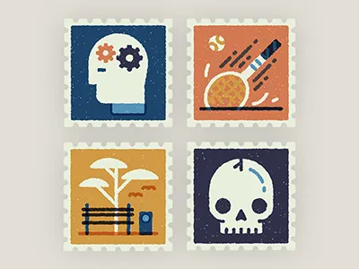 Postage stamps ball bench bird gears head park retro skull stamp tennis texture vector