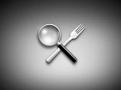 Allergy Explorer allergy fork grey magnifying glass restaurant searcher seeker silverware