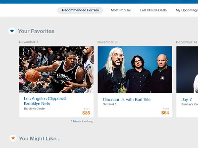 Event Recomendations cards events favorites grid minimal tickets tiles