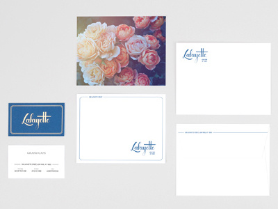 Lafayette bar branding cafe card custom envelope french hand drawn logo restaurant script stationery
