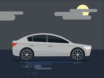 Midnight Drive car flat illustration night reflection water