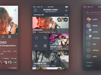 Concert App artist concert feed friends gesture menu music profile social swipe ui venue