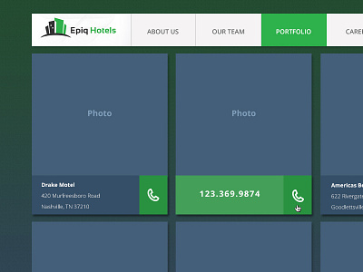 Hotel Portfolio address blue contact green hotel hover effect navi phone portfolio ui ux