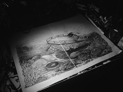 Done close crosshatch detail drawing illustration ink pen progress underwater