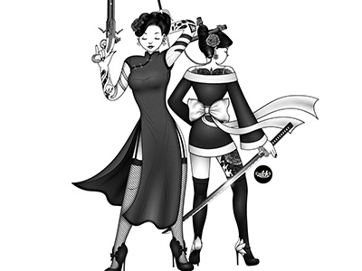 Bounty hunters black and white cheongsam chinese digital illustration flintlock flowers girls japanese katana kimono tattoos weapons