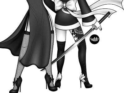 Bounty hunters (close-up) black and white cheongsam chinese digital illustration flintlock flowers girls japanese katana kimono tattoos weapons