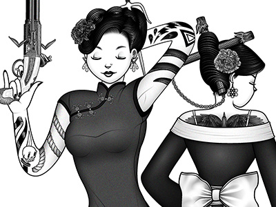 Bounty hunters (close-up) black and white cheongsam chinese digital illustration flintlock flowers girls japanese katana kimono tattoos weapons