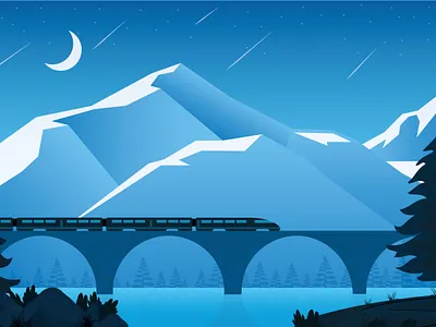 Monochromatic Landscape Illustration blue branding bridge design dribbble graphic design illustration lake landscape monochromatic moon mountain scenery sea snow mountain train train on bridge trees view water