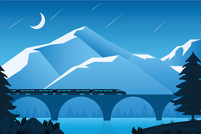 Monochromatic Landscape Illustration blue branding bridge design dribbble graphic design illustration lake landscape monochromatic moon mountain scenery sea snow mountain train train on bridge trees view water