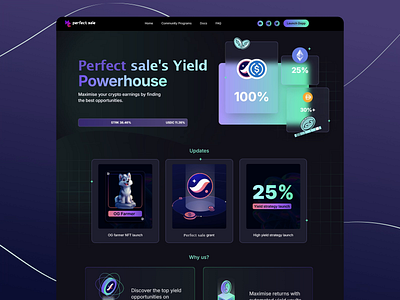 Minimalistic landing page for Perfect Sale blockchain powered app crypto crypto app design crypto earnings crypto trends dark ui design defi platform financial automation landing page minimalistic landing page nft launch nft platform design perfect sale ui ui design ui ux ui web interface ux web yield maximization