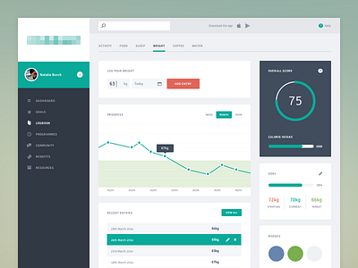 Logbook web app chart dashboard flat graph progress tracking ui ux weight