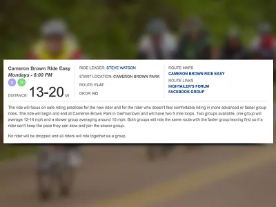 Weekly Rides Page for the Memphis Hightailers bicycle bike data web design webdesigner website