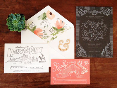 Luck Wedding Suite ampersand barn illustration invitation kansas city letterpress skyline wedding wood