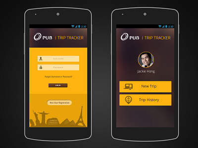 Trip Tracker app design mobile trip yellow